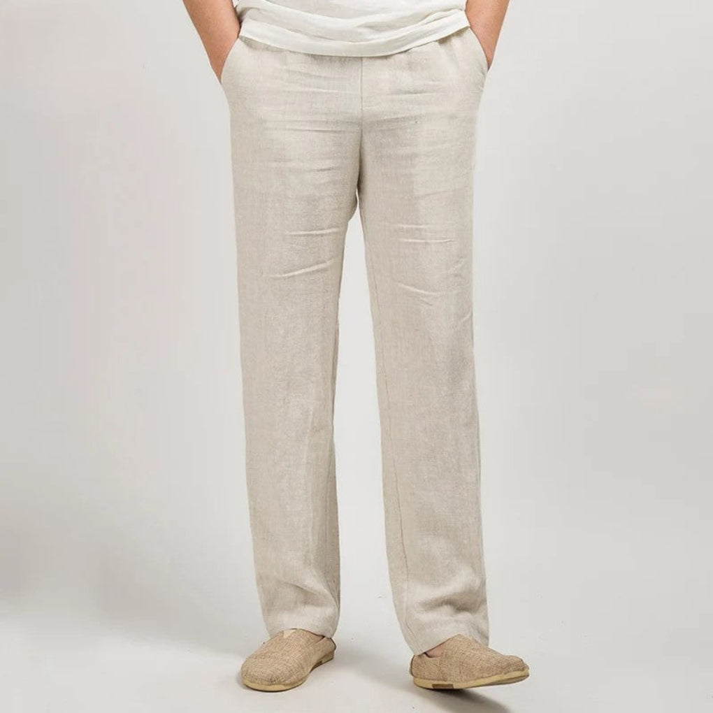Men's relaxed fit linen trousers, straight leg, lightweight, ideal for summer casual wear.