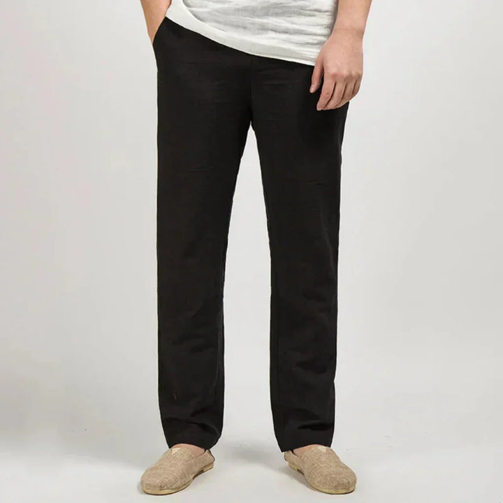 Back view of men's comfortable relaxed fit linen trousers, straight leg style for easy movement.