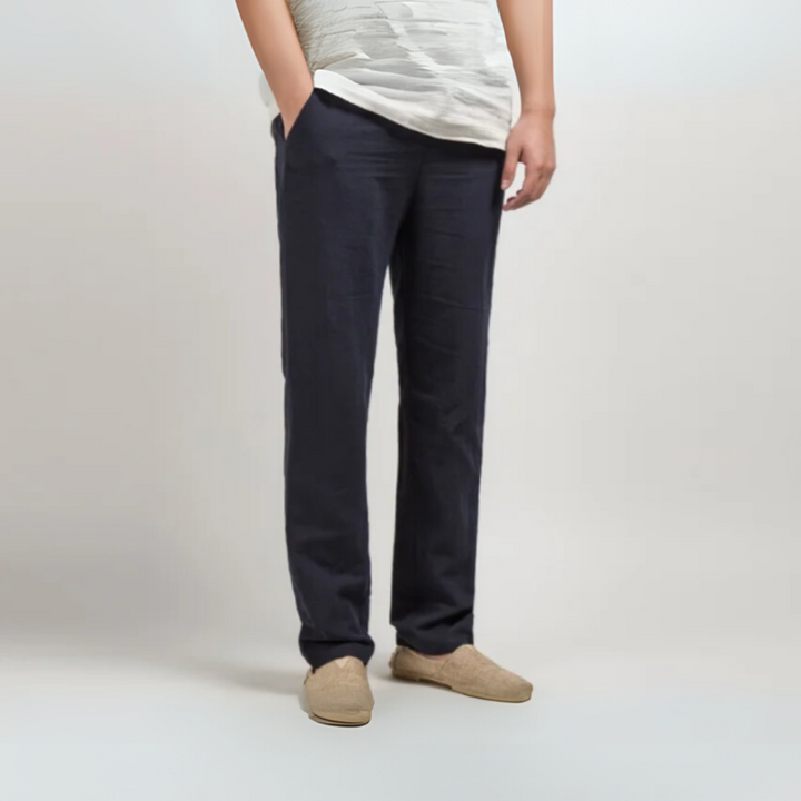 Lightweight men's linen trousers, relaxed fit, perfect for comfortable summer days and casual wear.