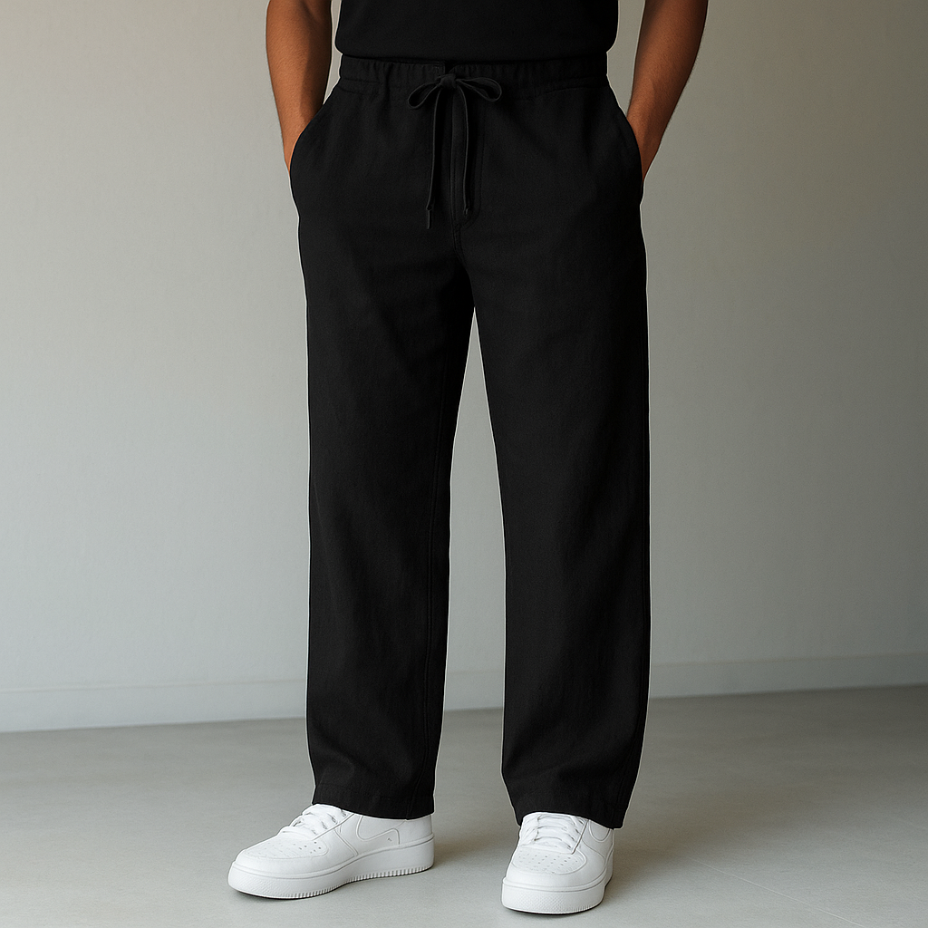 Breathable men's linen trousers, relaxed fit, drawstring waist. Perfect for casual summer wear & holidays.