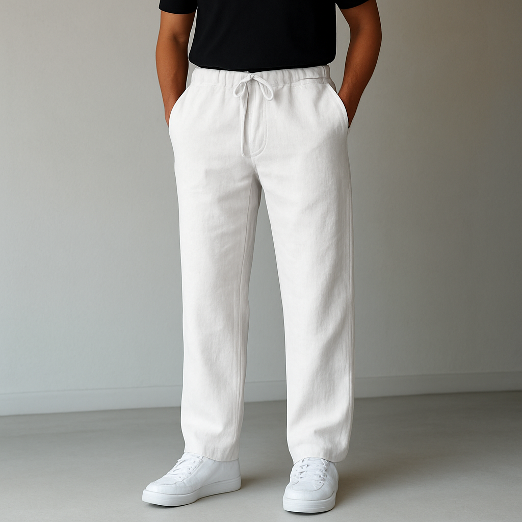Men's comfortable relaxed fit linen trousers with an adjustable drawstring waist, perfect for summer.