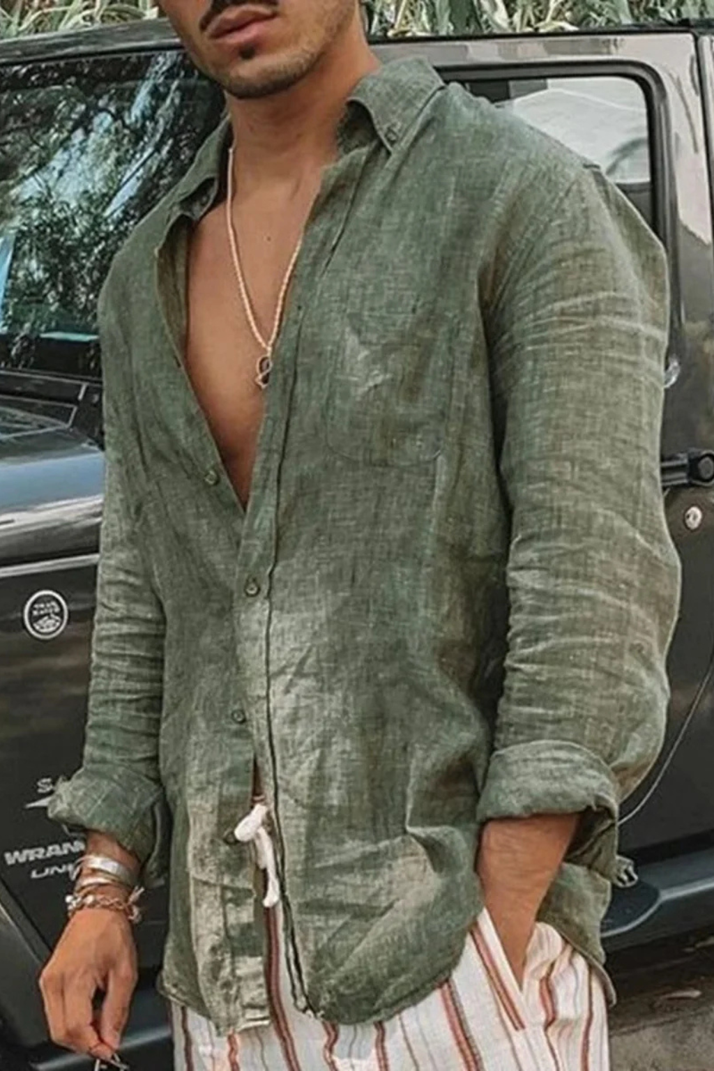 Lightweight men's long sleeve button-down shirt, a relaxed fit casual top perfect for spring and summer days.