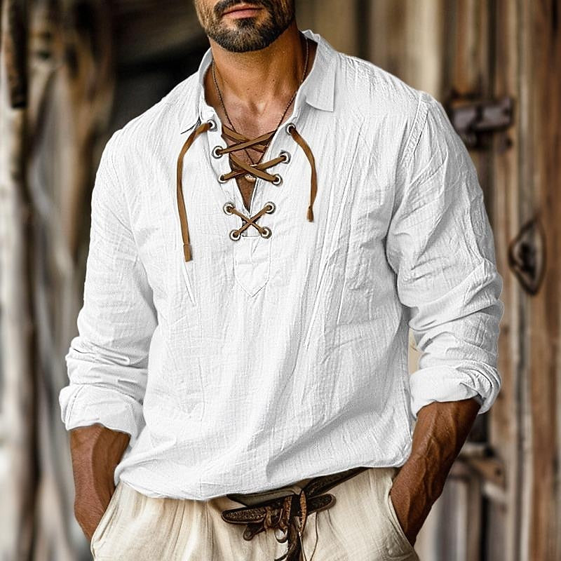 Stylish men's long sleeve relaxed fit collared shirt, versatile for casual spring and summer fashion.
