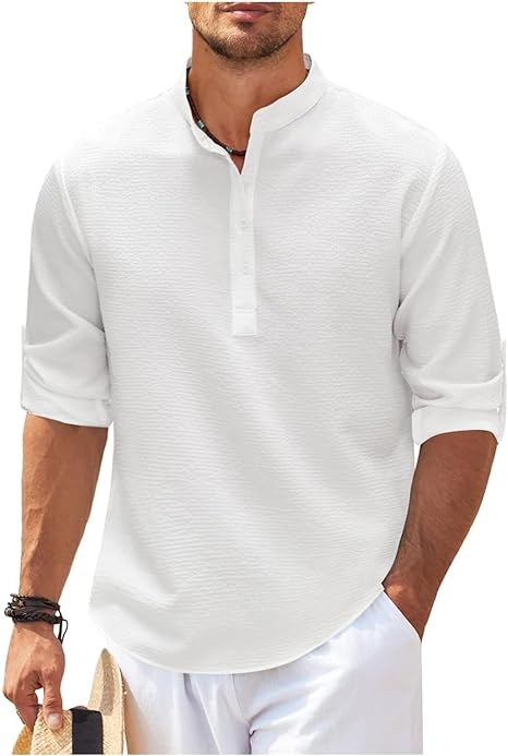 Men's relaxed fit band collar casual shirt for versatile everyday fashion.