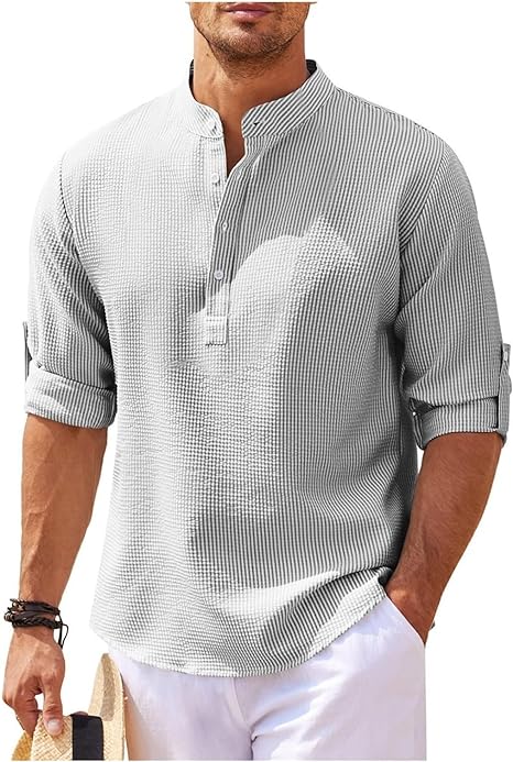 Modern men's relaxed fit long sleeve casual shirt with band collar, offering versatile everyday style.