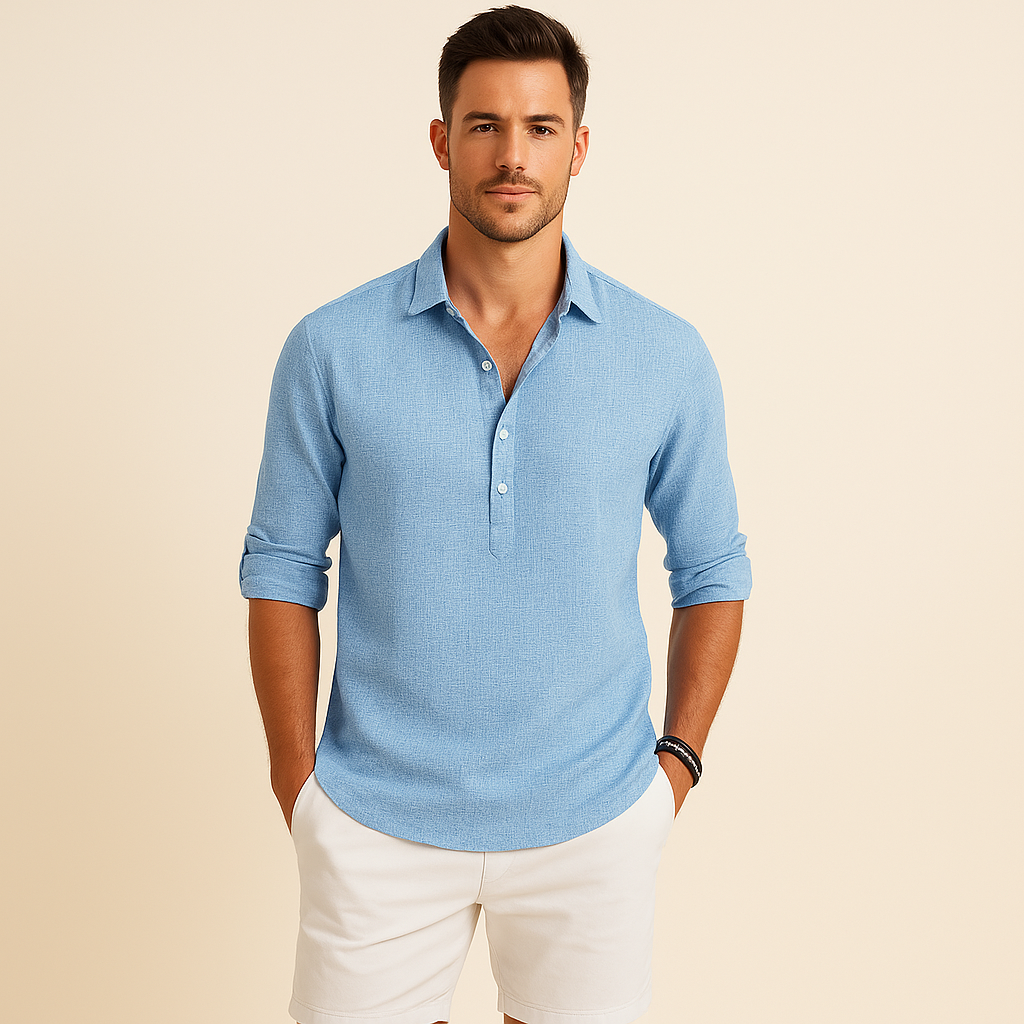 Men's relaxed fit long sleeve polo shirt, charcoal grey, with button neck. Casual & smart-casual everyday wear.