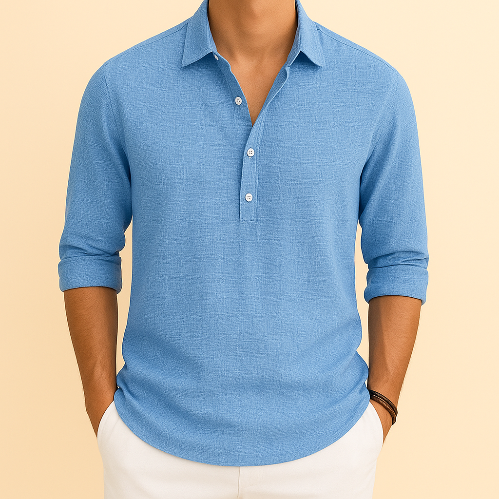 Stylish men's long sleeve polo shirt in a relaxed fit, featuring a classic button neck. Versatile casual top.