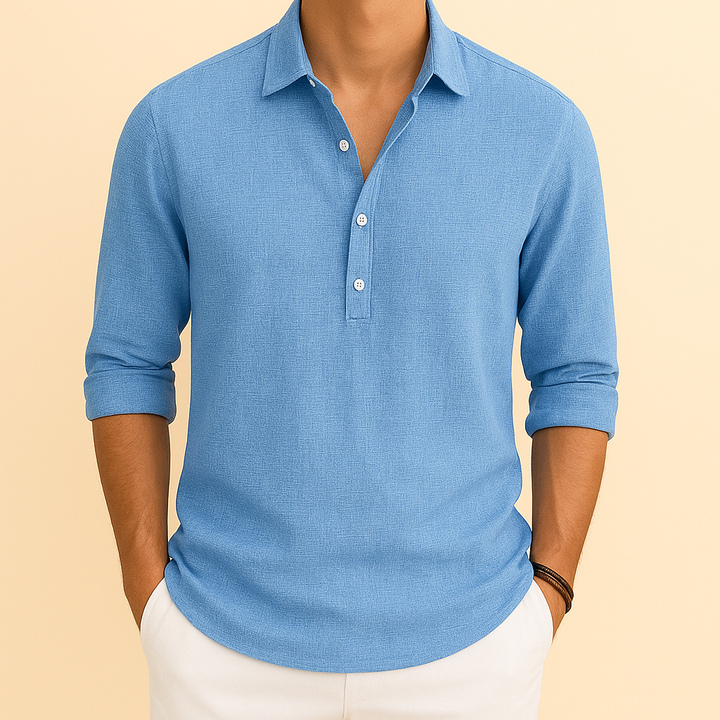 Stylish men's long sleeve polo shirt in a relaxed fit, featuring a classic button neck. Versatile casual top.