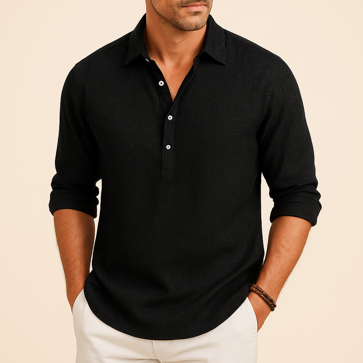 Front view of a men's relaxed fit long sleeve polo shirt. Ideal button neck top for smart casual occasions.