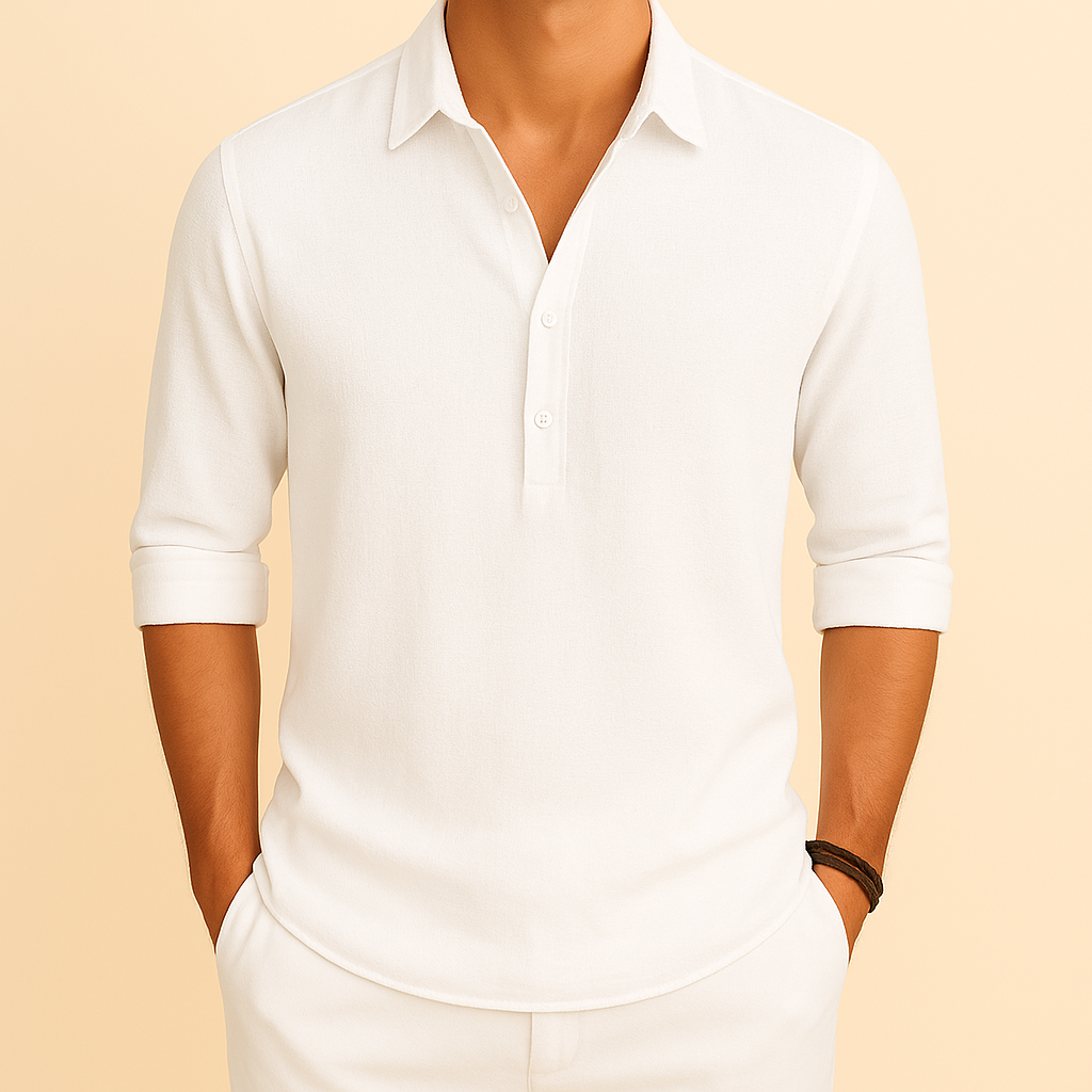 Men's long sleeve polo shirt, relaxed fit, in a versatile color. Button neck design for everyday men's fashion.