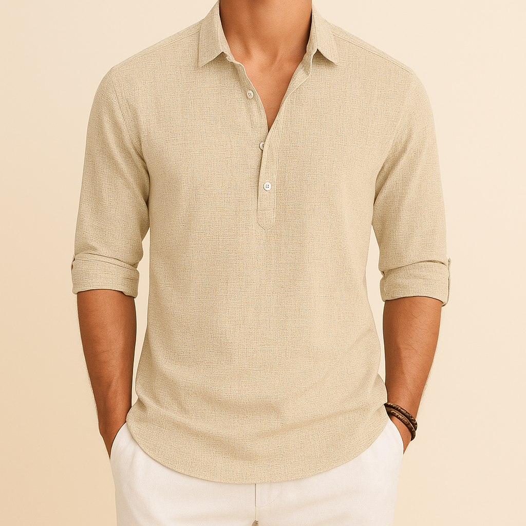Comfortable men's apparel: relaxed fit long sleeve polo shirt with a stylish button neck, perfect for casual wear.