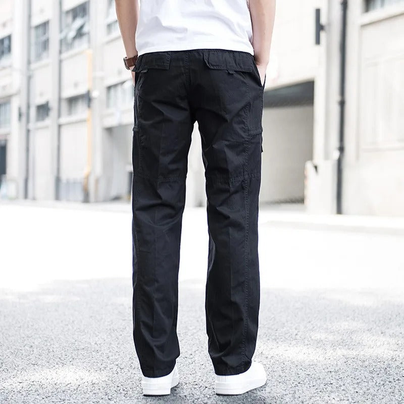 Gray men's relaxed fit organic cotton cargo pants, comfortable casual wear