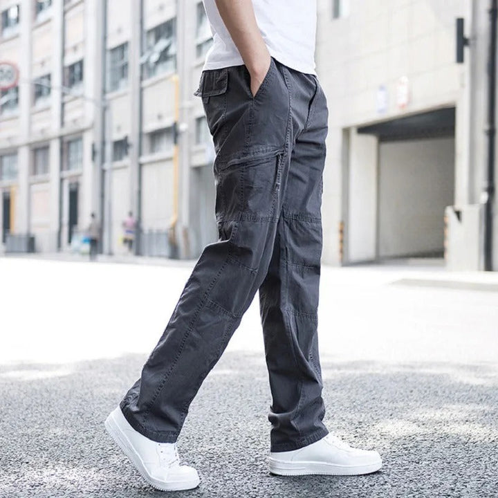 Men's khaki organic cotton cargo pants, full length, relaxed fit, functional pockets