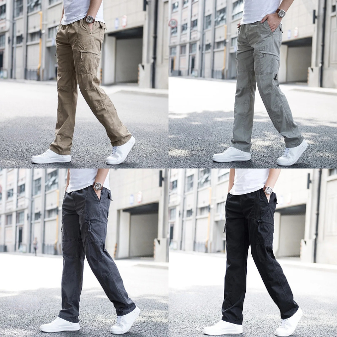 Detail of men's organic cotton cargo pants with drawstring and reinforced knee