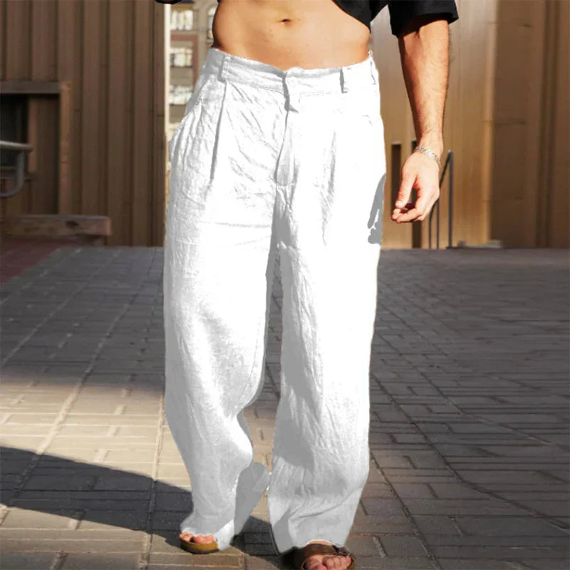 Casual men's pleated linen pants, offering comfort and style for summer.
