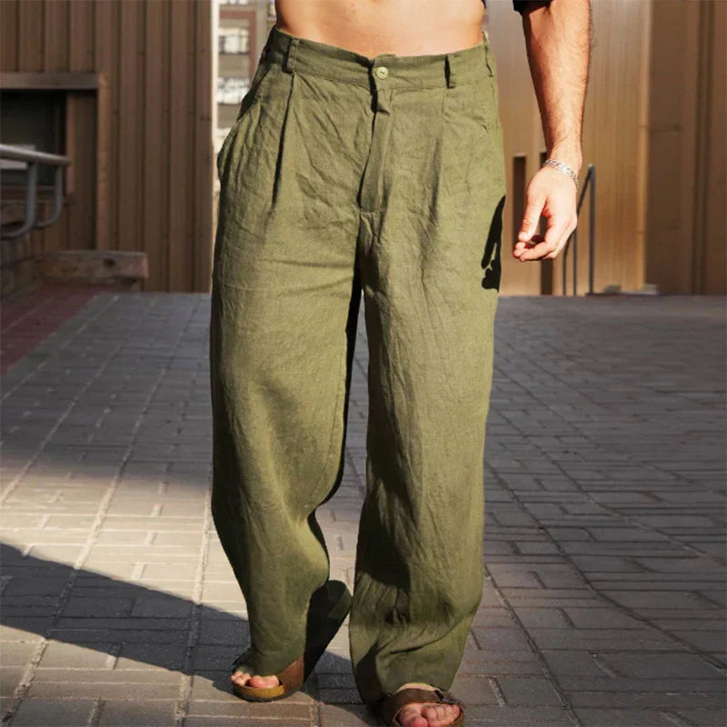 Stylish men's relaxed fit linen trousers, perfect for smart casual looks.