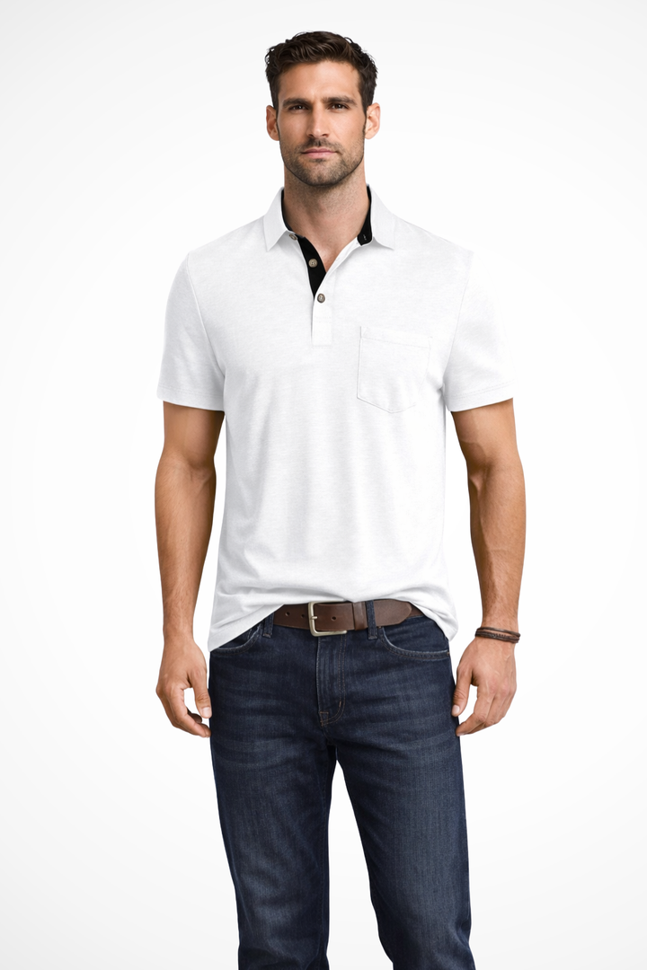 Men's relaxed fit short sleeve polo shirt with contrast collar, button placket & chest pocket for casual wear.