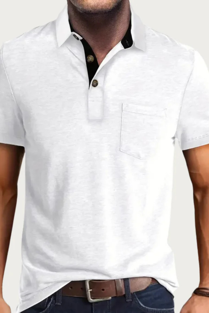 Stylish men's relaxed fit polo shirt. Short sleeve, contrast collar & button placket. Perfect for everyday casual fashion.