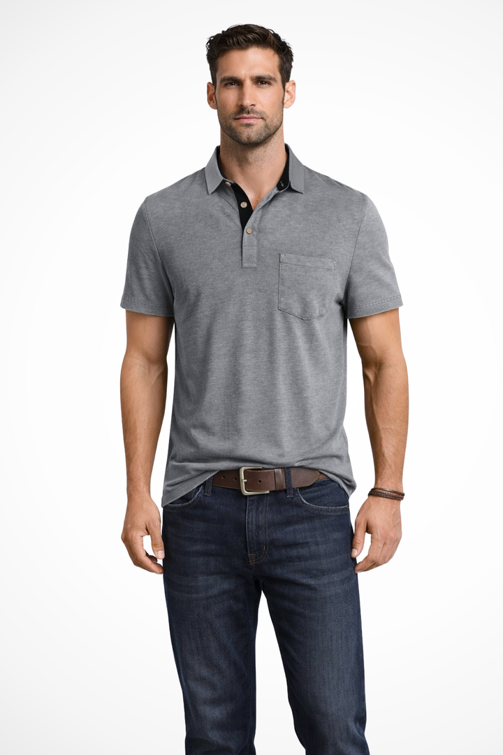 Comfortable men's relaxed fit polo shirt. Short sleeves, contrast collar & chest pocket. Ideal for summer casual wear.