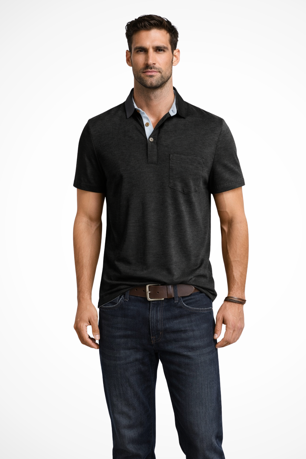 Men's fashion short sleeve polo, relaxed fit. Features contrast collar, button placket & chest pocket. Casual summer style.