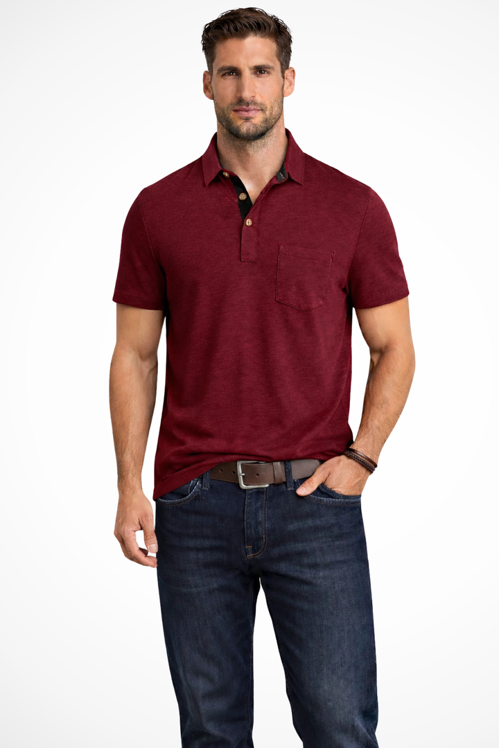 Men's summer polo shirt, relaxed fit, short sleeve. Features a contrasting collar, button placket & practical chest pocket.