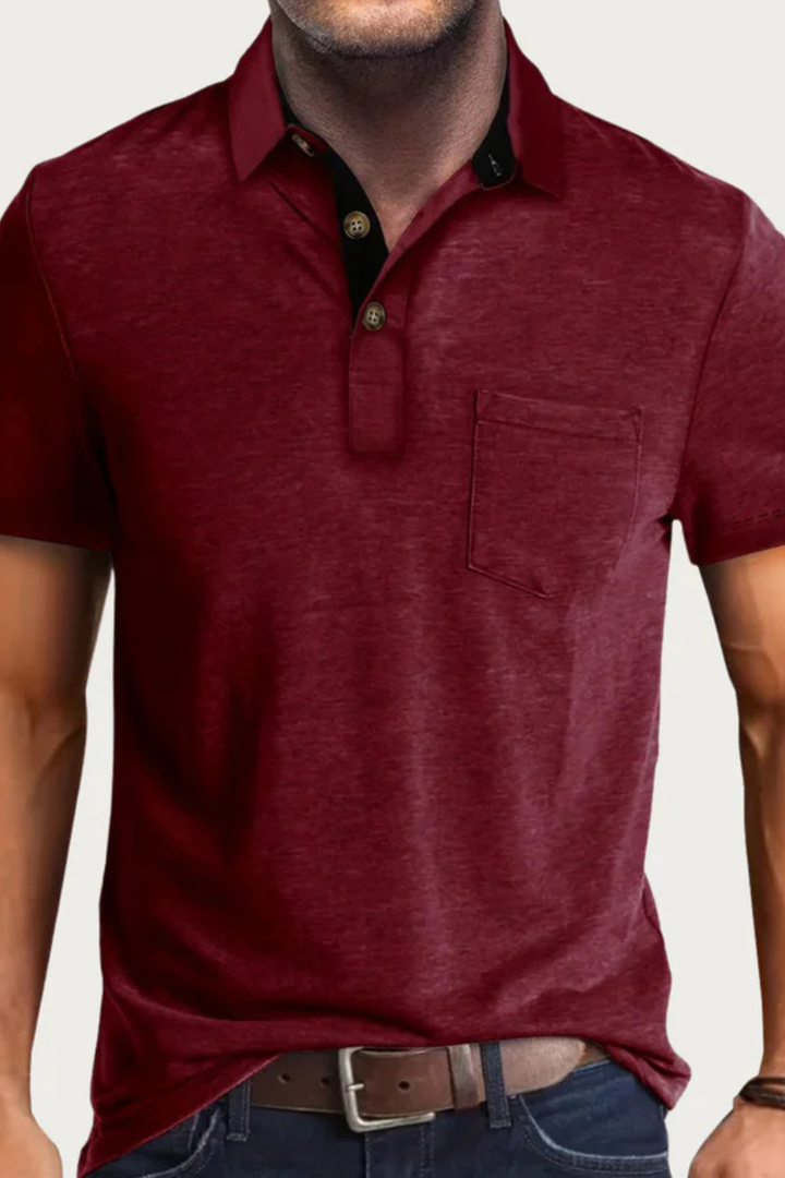 Everyday men's short sleeve polo shirt, relaxed fit, with a contrast collar, button placket & chest pocket. Casual style.