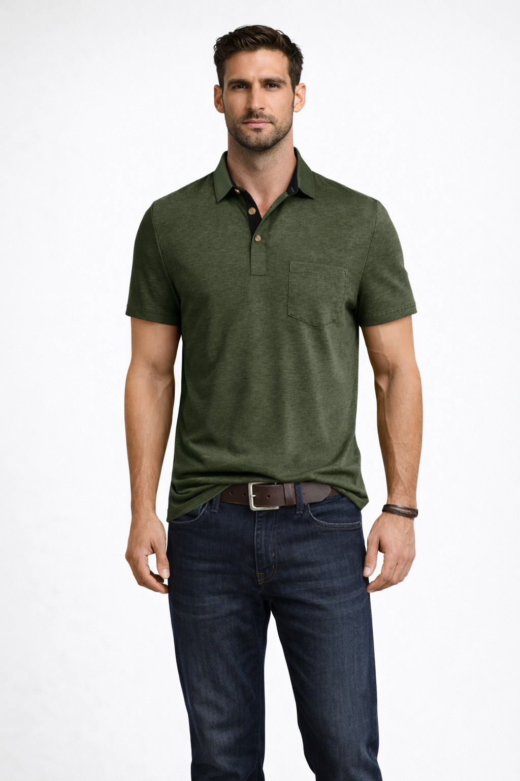 Men's casual short sleeve polo shirt. Relaxed fit, contrast collar, button placket & chest pocket for comfortable wear.