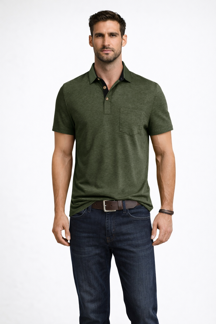 Men's casual short sleeve polo shirt. Relaxed fit, contrast collar, button placket & chest pocket for comfortable wear.