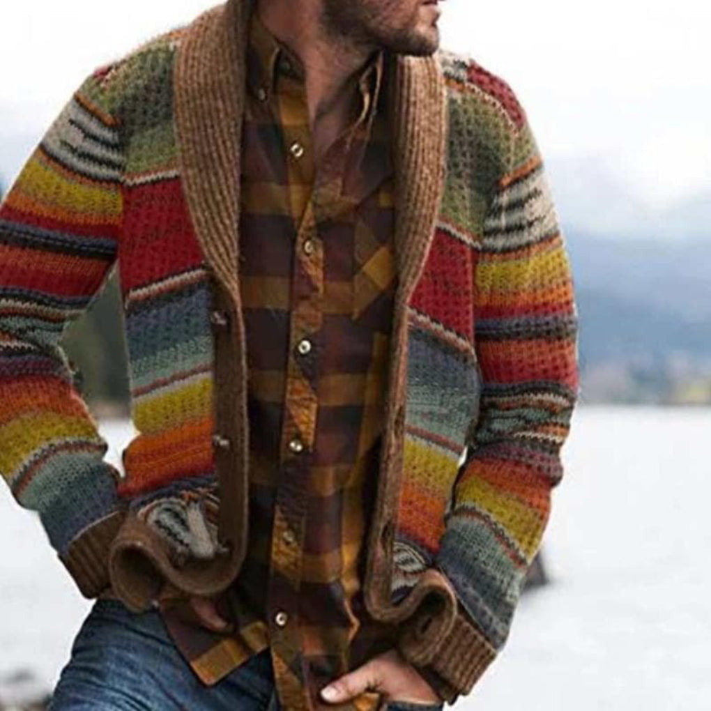 Men's relaxed fit striped knit cardigan in yellow, blue, and white, open front, perfect for casual layering