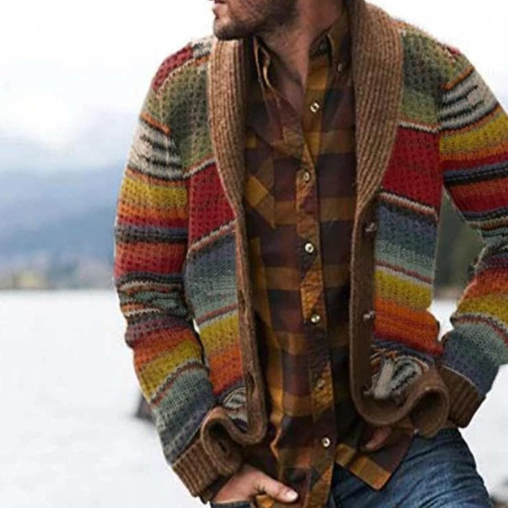 Yellow multicolor striped knit cardigan for men with relaxed fit, ideal casual wear and layering piece