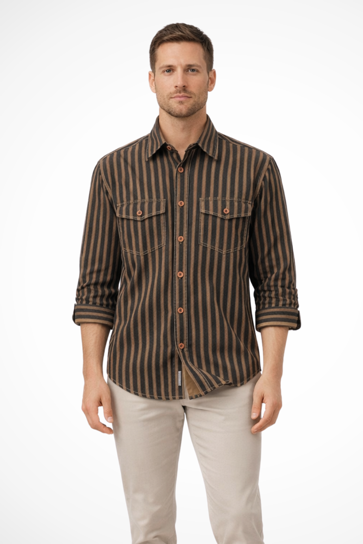 Men's relaxed fit striped long sleeve button-up shirt for casual everyday style.