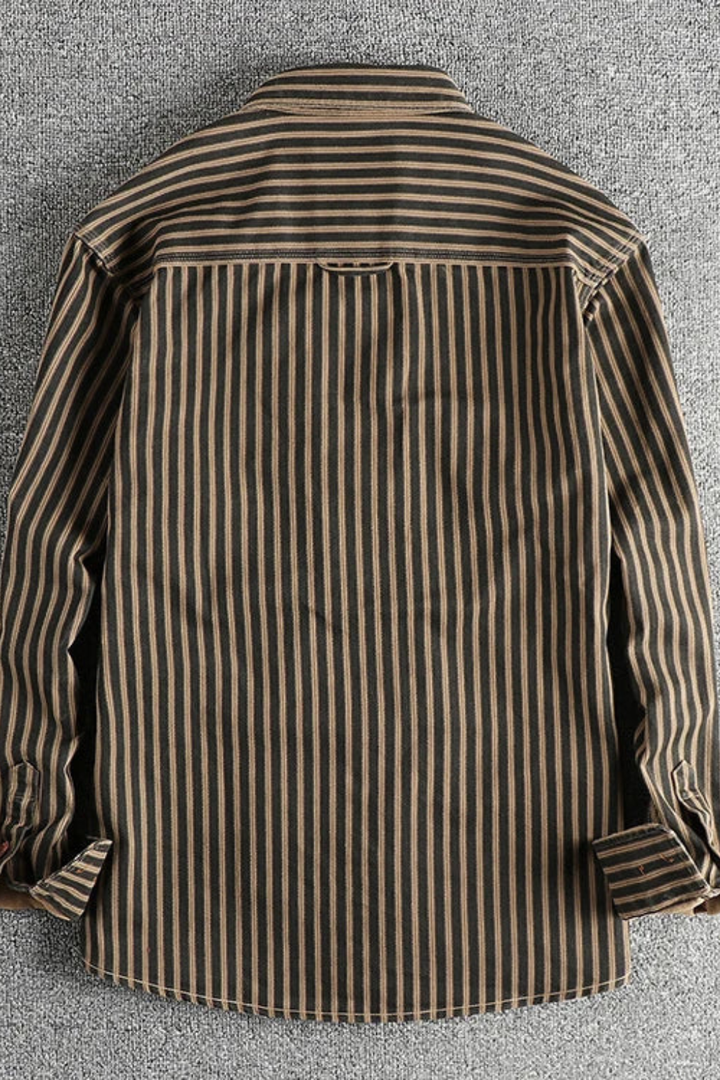 Casual men's button-up shirt with stripes, long sleeves, and a comfortable relaxed fit.