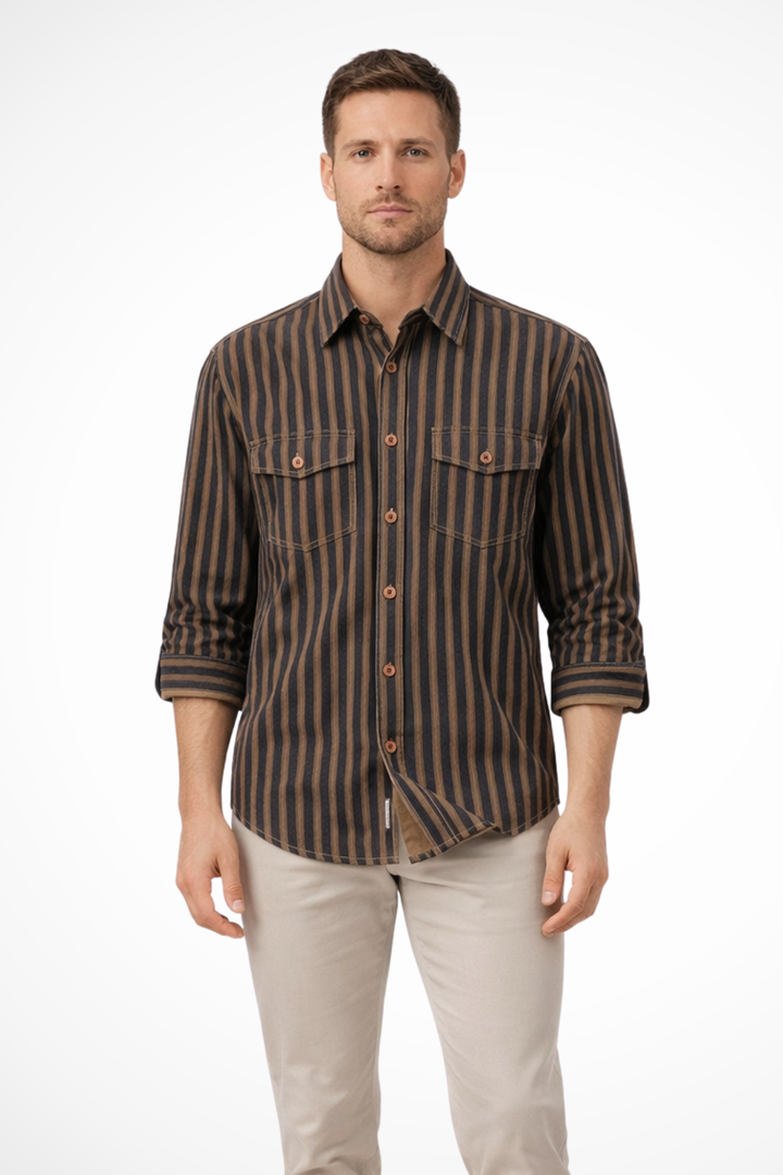 Relaxed fit striped button-up shirt for men, offering comfort and style for everyday wear.
