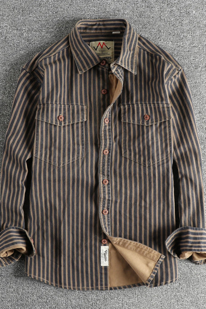 Men's long sleeve striped shirt, relaxed fit, button-up design for casual fashion.