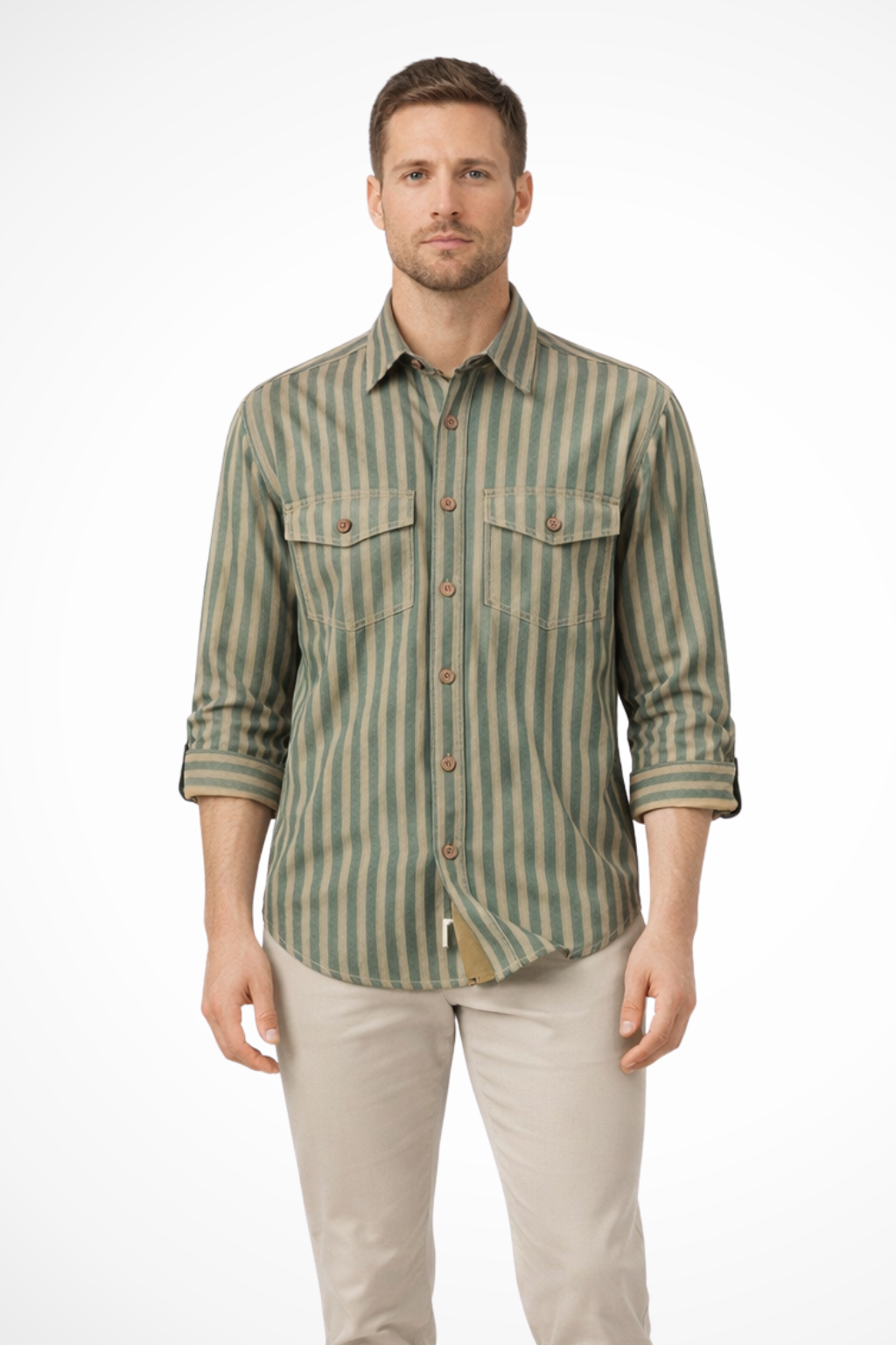Stylish men's relaxed fit striped long sleeve button-up shirt, ideal for casual fashion.