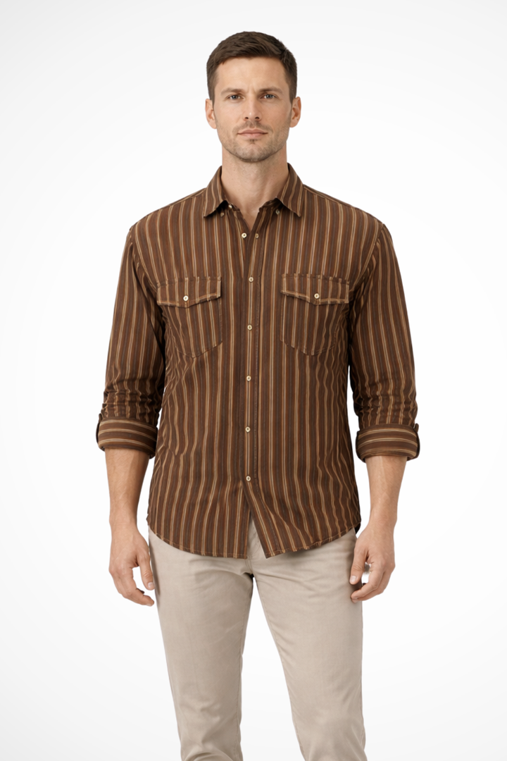 Effortlessly cool men's relaxed fit striped long sleeve button-up shirt for modern casual wear.