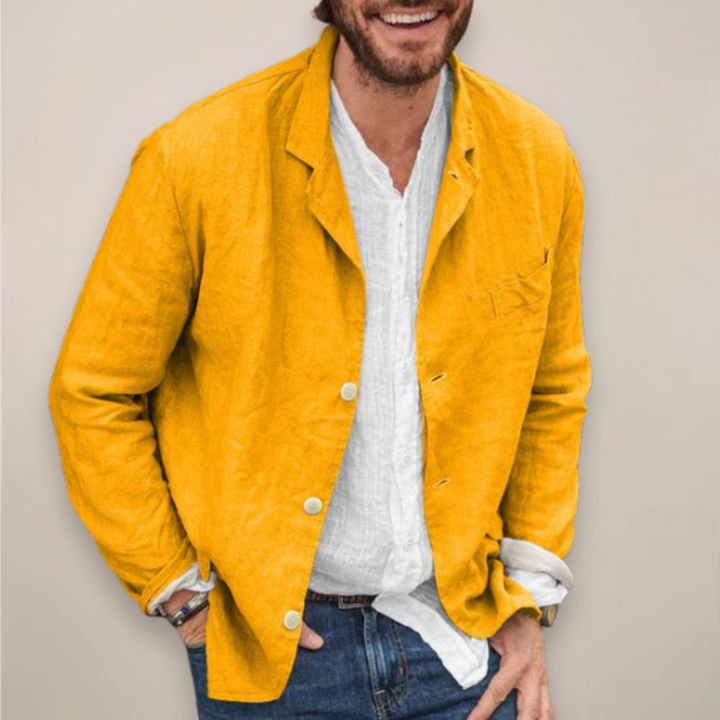 Close-up of the fabric on a men's lightweight summer blazer, showing its breathable texture