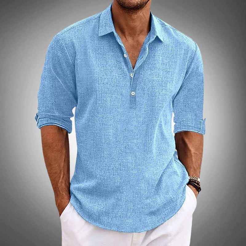 Men's relaxed fit summer button-up shirt with half placket & roll tab sleeves, ideal for casual vacation wear.