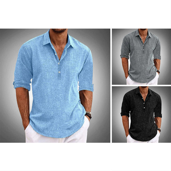 Men's vacation wear: a solid color half placket button-up summer shirt with relaxed fit and roll tab sleeves.