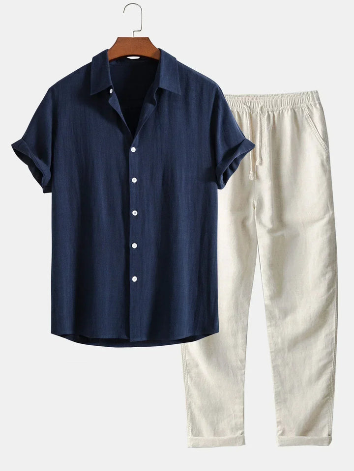 Men's relaxed fit summer co-ord set with button-up shirt & drawstring trousers, perfect for beach holidays.