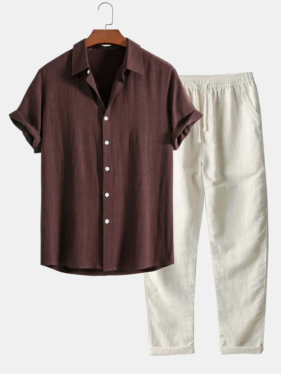 Versatile men's two-piece casual summer outfit: relaxed button-up shirt & comfortable drawstring trousers.
