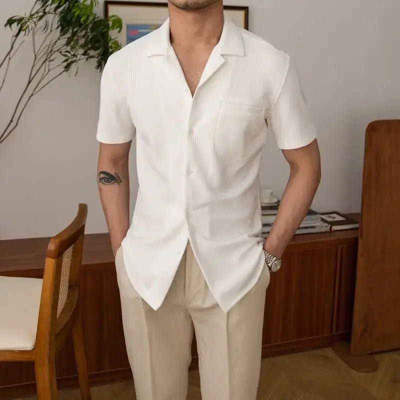 Comfortable men's relaxed fit open collar shirt with a unique texture. Short sleeve, ideal for summer outfits.