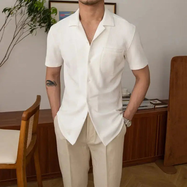 Comfortable men's relaxed fit open collar shirt with a unique texture. Short sleeve, ideal for summer outfits.