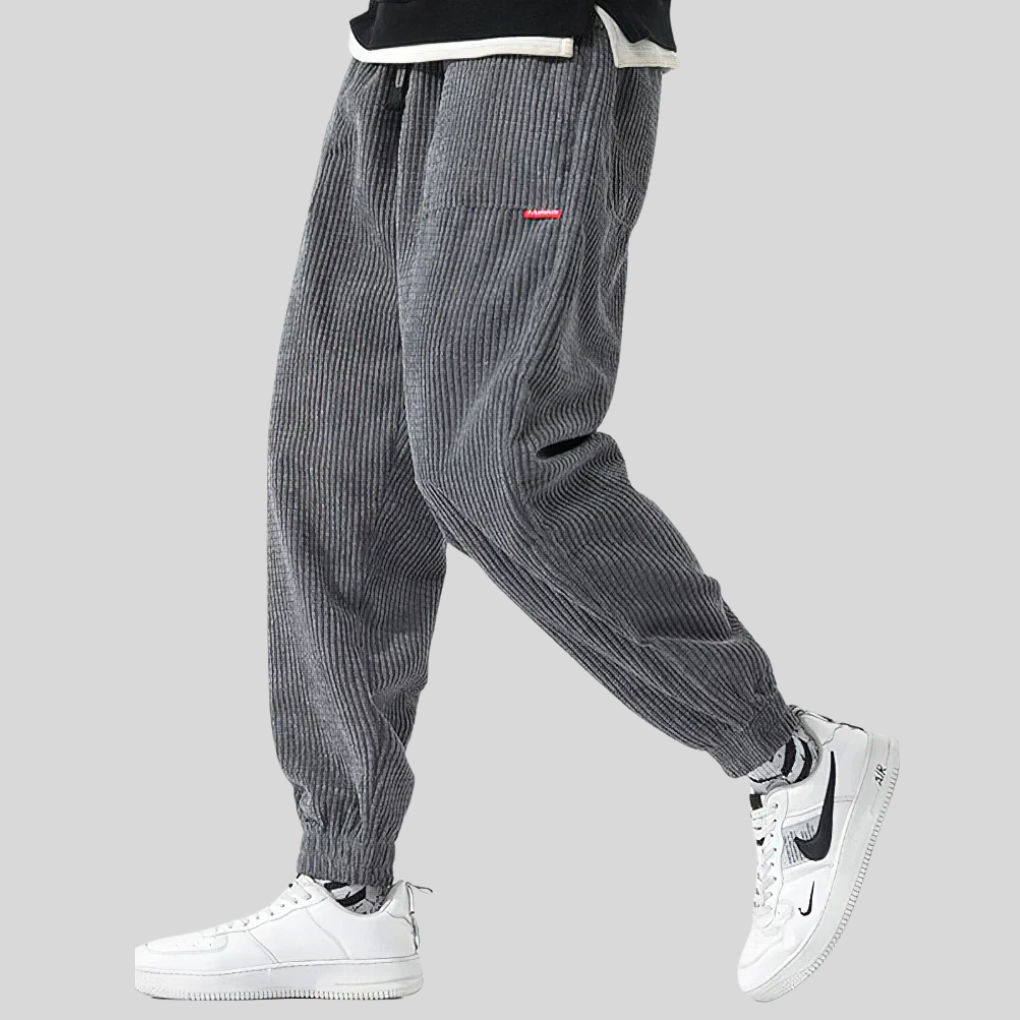 Men's relaxed fit wide corduroy joggers in gray, perfect for casual everyday style.