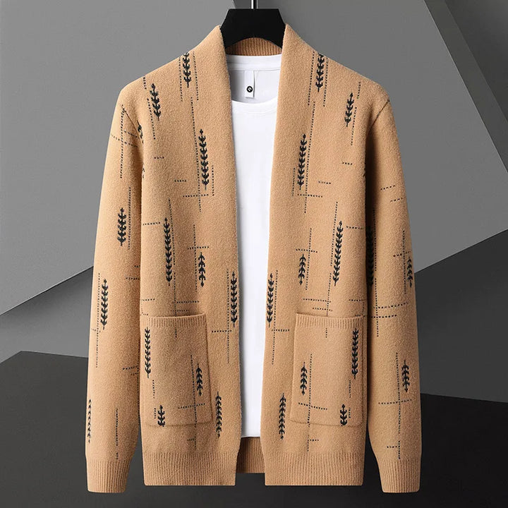 Men's relaxed open-front cardigan with practical patch pockets. Ideal casual knitwear for layering.