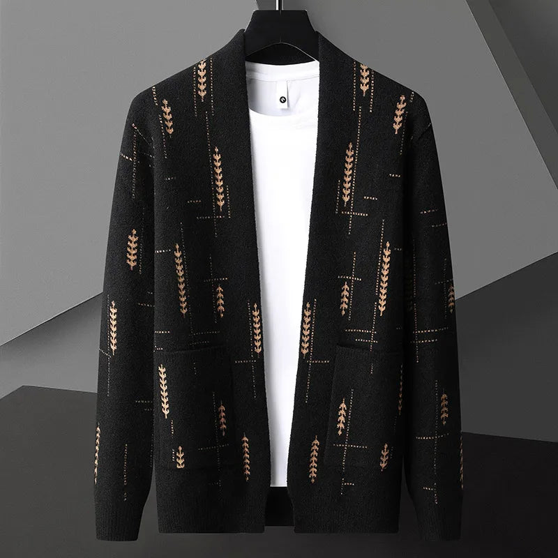 Relaxed fit men's open-front cardigan with patch pockets, perfect for casual layering outfits.