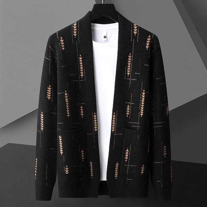 Relaxed fit men's open-front cardigan with patch pockets, perfect for casual layering outfits.