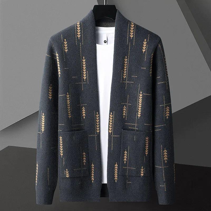 Cozy knit men's cardigan, an open-front layering top with practical patch pockets for fall fashion.
