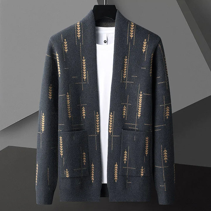 Cozy knit men's cardigan, an open-front layering top with practical patch pockets for fall fashion.