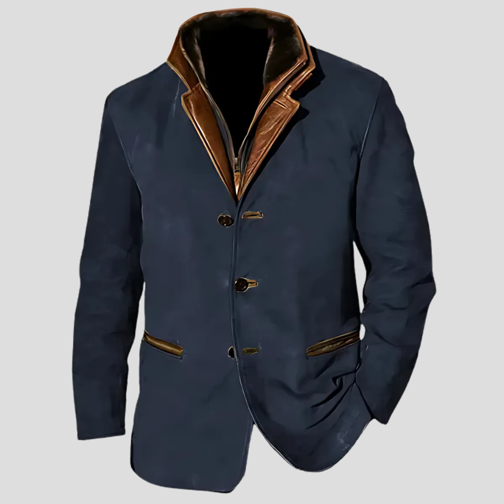 Men's retro contrast collar lightweight casual jacket in navy polyester for spring/autumn fashion